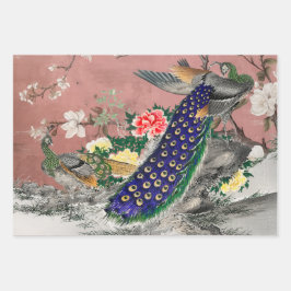 Chinoiserie Peacock met Dusty Roos en Faded Blue Inpakpapier Vel