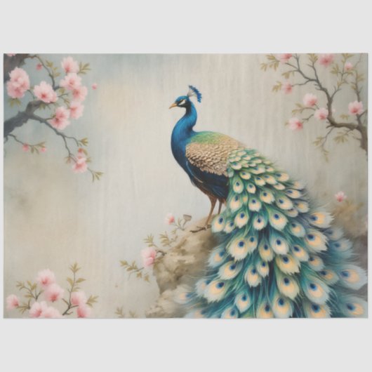 Chinoiserie Peacock Roze Bloesem Bloemen Decoupage Tissuepapier (Voorkant)