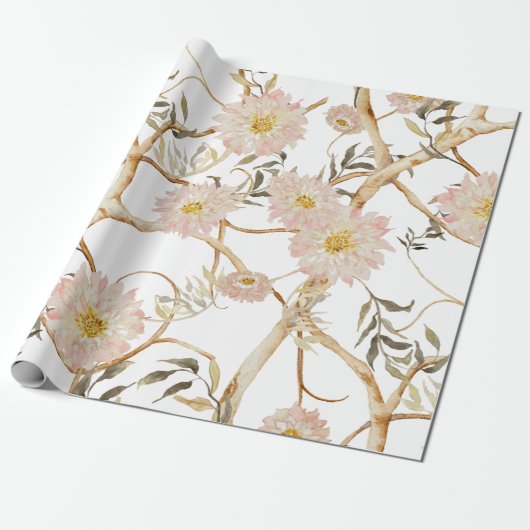 Chinoiserie Peony Floral Waterverf Blush Pink Cadeaupapier (Uitgerold)