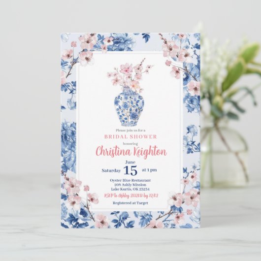 Chinoiserie Pink Cherry Blossom Vrijgezellenfeest Kaart (Staand voorkant)