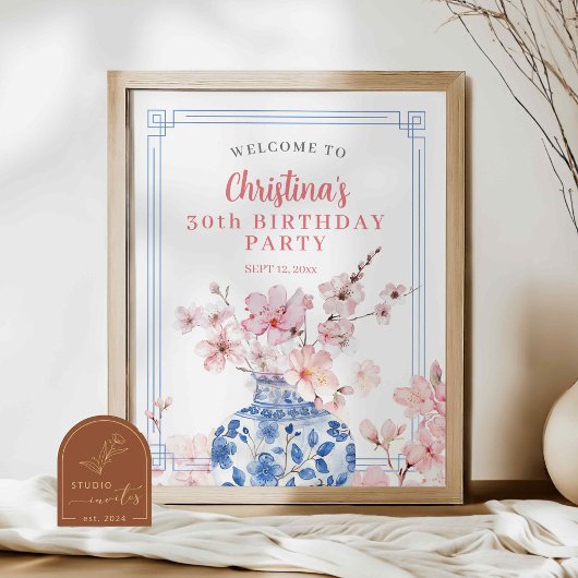 Chinoiserie Pink Cherry Blossom Welkomstbord Poster