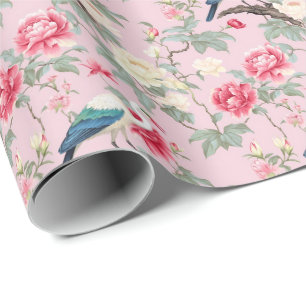 Chinoiserie Pink Floral Egret Cadeaupapier
