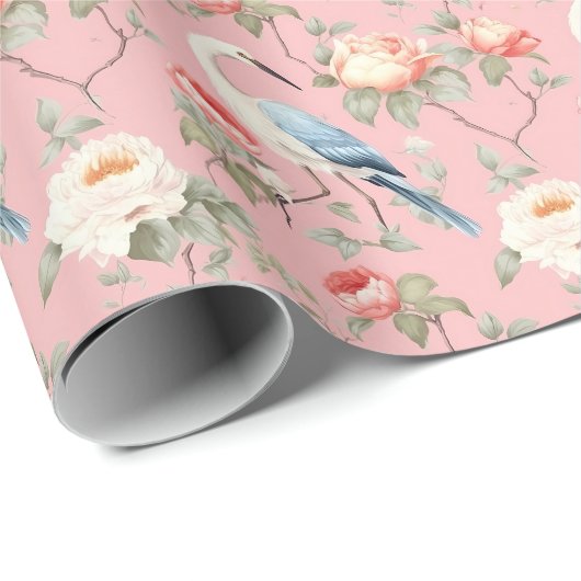 Chinoiserie Pink Floral Egret Cadeaupapier (Rol Hoek)