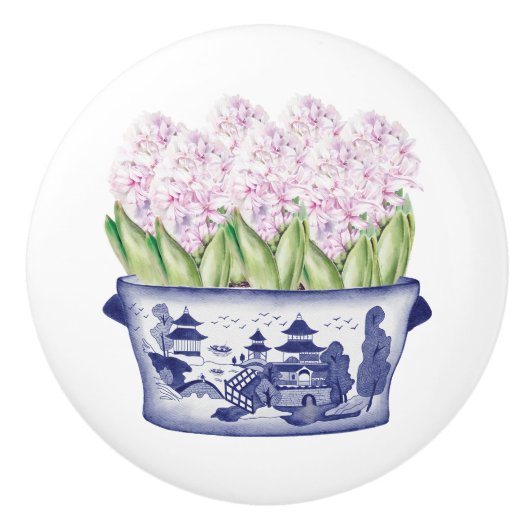 Chinoiserie Pink Hyacinths Keramische Knop (Voorkant)
