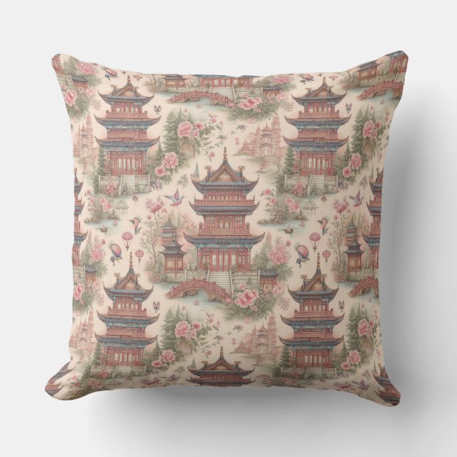 Chinoiserie Pink Pagoda Waterverf Kussen (Voorkant)