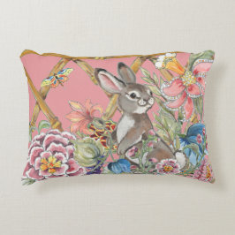 Chinoiserie Pink Rabbit Waterverf Flower Garden Accent Kussen