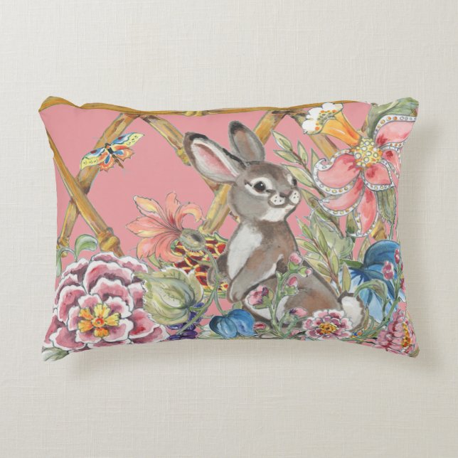Chinoiserie Pink Rabbit Waterverf Flower Garden Accent Kussen (Voorkant)