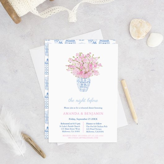 Chinoiserie Pink Wedding Rehearsal Welkom Dinner Kaart