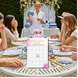 Chinoiserie Pink Willow Bridal Shower Bingo game Kaart