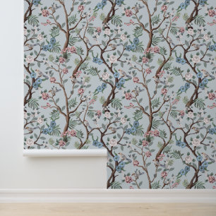 Chinoiserie Pioen Bloemen,Bomen & Vogels Lichtgrij Behang