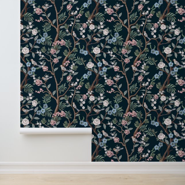 Chinoiserie Pioenbloemen, Bomen Vogels Donker Bloe Behang (Applicatie)