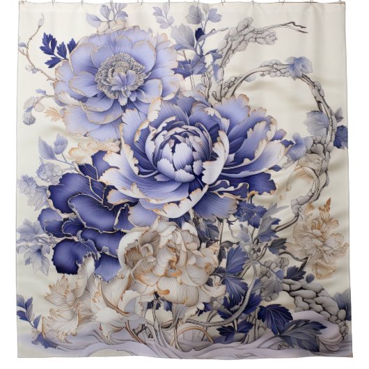 Chinoiserie Pioenschilderij in blauw en wit Douchegordijn (Voorkant)