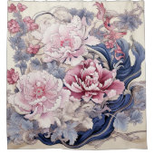 Chinoiserie Pioenschilderij in Roze en Blauw Douchegordijn (Voorkant)
