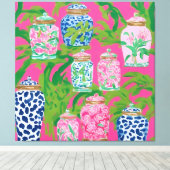 Chinoiserie potten en bananenbladeren op hete roze canvas afdruk (Insitu (Houten vloer))