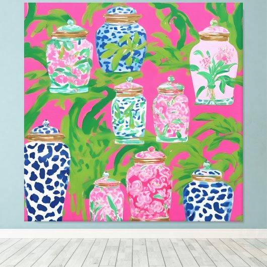 Chinoiserie potten en bananenbladeren op hete roze canvas afdruk (Insitu (Houten vloer))