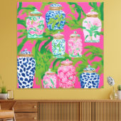 Chinoiserie potten en bananenbladeren op hete roze canvas afdruk (Insitu (Woonkamer))