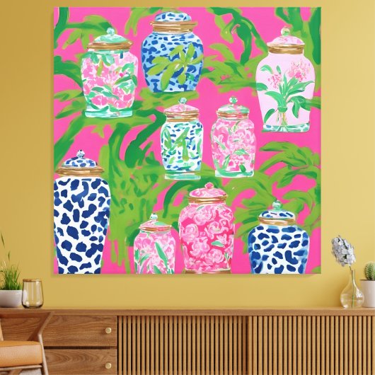 Chinoiserie potten en bananenbladeren op hete roze canvas afdruk (Insitu (Woonkamer))