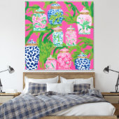Chinoiserie potten en palmbladeren op hete roze canvas afdruk (Insitu (Slaapkamer))