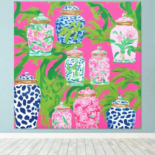 Chinoiserie potten en palmbladeren op hete roze canvas afdruk (Insitu (Houten vloer))