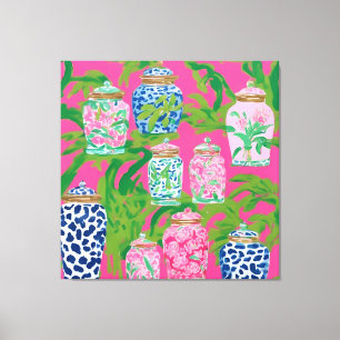 Chinoiserie potten en palmbladeren op hete roze canvas afdruk