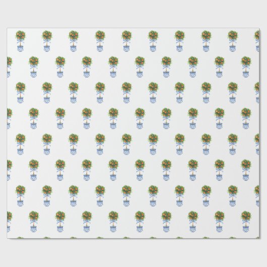 Chinoiserie Pottery Oranje Topiary Tree Blue Gift Cadeaupapier (Vlak)