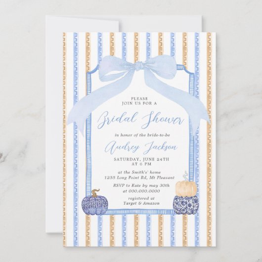 Chinoiserie Pumpkin & Blue Bow Fall Bridal Shower Kaart (Voorkant)