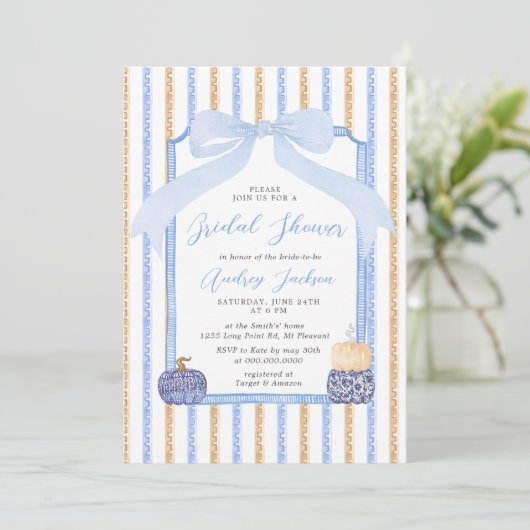Chinoiserie Pumpkin & Blue Bow Fall Bridal Shower Kaart (Staand voorkant)