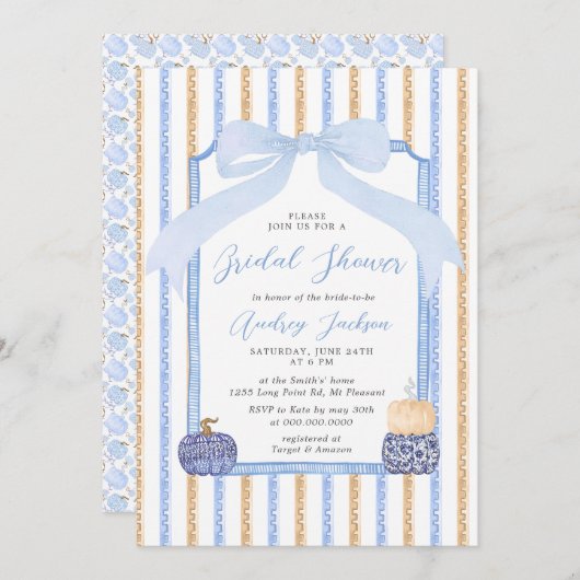 Chinoiserie Pumpkin & Blue Bow Fall Bridal Shower Kaart (Voorkant / Achterkant)