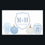 Chinoiserie Pumpkins Blue & White Wedding Logo Rechthoekige Sticker<br><div class="desc">Dit klassieke ontwerp is voorzien van een eenvoudig en elegant stel monogram omringd door blauw en witte gemberpotten en blauw en witte pompoen. Behalve de kreet werden al deze elementen door mij in waterverven op 100% katoenpapier geschilderd en gescand in digitale vorm.</div>