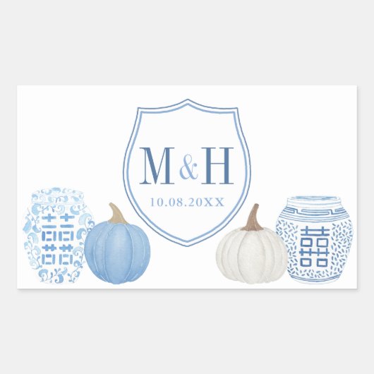Chinoiserie Pumpkins Blue & White Wedding Logo Rechthoekige Sticker (Voorkant)