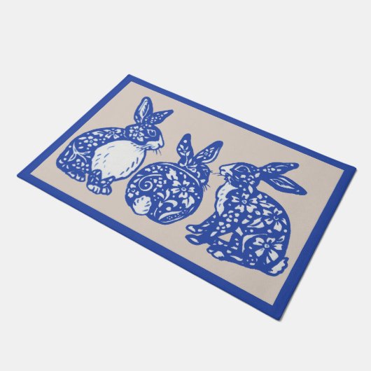 Chinoiserie Rabbit Blue White Bunny Dedham Delft Deurmat (Schuin)