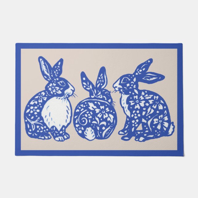 Chinoiserie Rabbit Blue White Bunny Dedham Delft Deurmat (Voorkant)