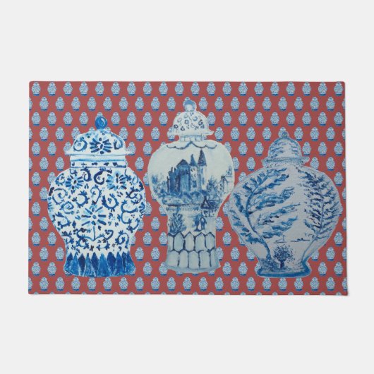 Chinoiserie Red Blue White Ginger Jars Deurmat (Voorkant)