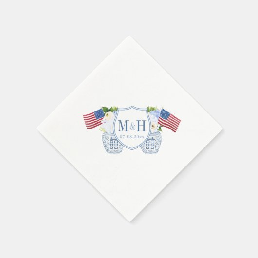 Chinoiserie Red White Blue Monogram Weddenschap Pa Servet (Hoek)