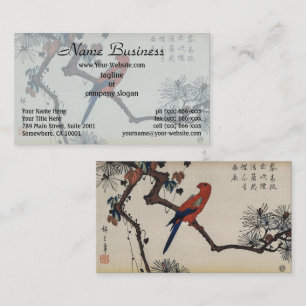 Chinoiserie Rode Papegaai & Zen Dennehout Blokdruk Visitekaartje