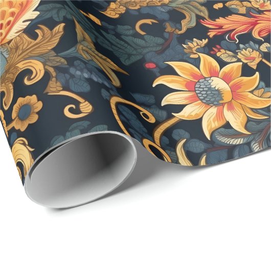 Chinoiserie rood geel blauw patroon cadeaupapier (Rol Hoek)