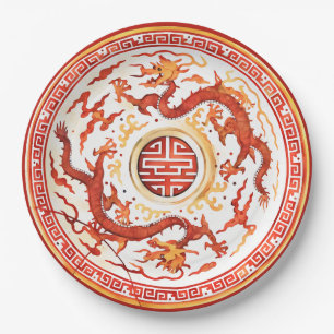 Chinoiserie Rood Goud Imperiale Draak Nep China Papieren Bordje