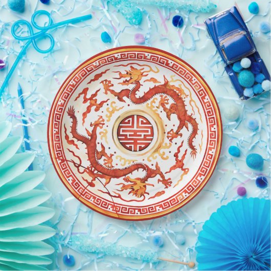 Chinoiserie Rood Goud Keizerlijke Draak Faux China Papieren Bordje (Feest)