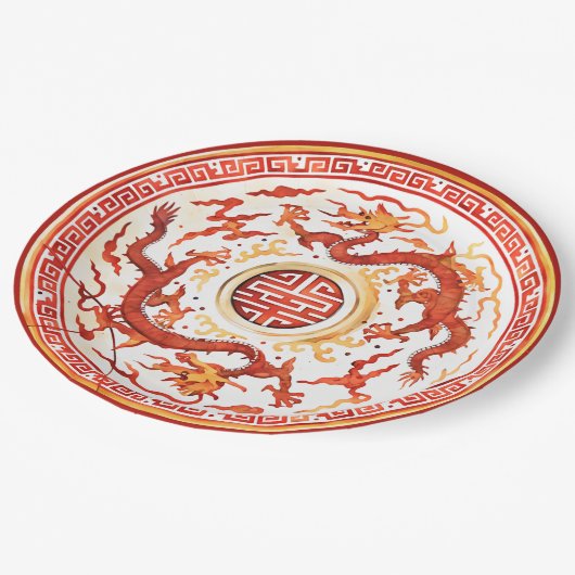Chinoiserie Rood Goud Keizerlijke Draak Faux China Papieren Bordje (Gekanteld)