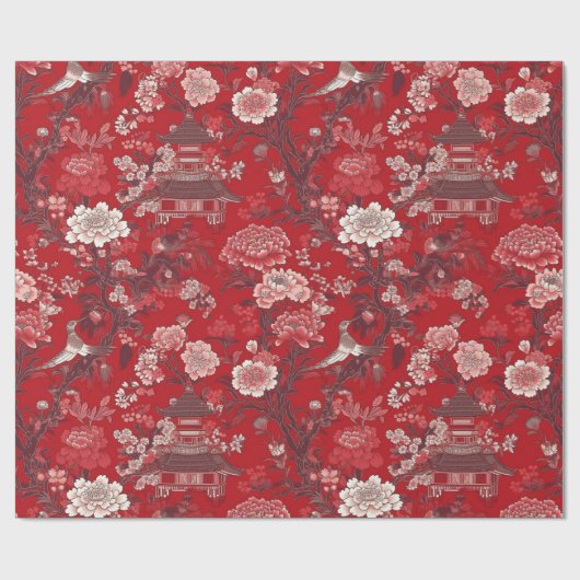 Chinoiserie Rood Roze Bloemen Schilderij Cadeaupapier (Vlak)