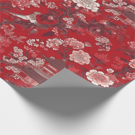 Chinoiserie Rood Roze Bloemen Schilderij Cadeaupapier (Hoek)