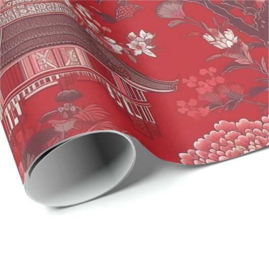Chinoiserie Rood Roze Bloemen Schilderij Cadeaupapier (Rol Hoek)