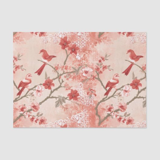Chinoiserie Rood Vogel Aziatisch Roze Bloemen Deco Tissuepapier (Voorkant)