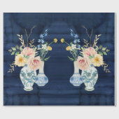 Chinoiserie Roos Peony Flowers Navy Blue Wood Cadeaupapier (Vlak)