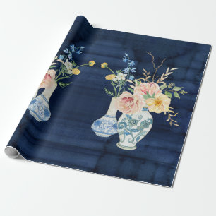 Chinoiserie Roos Peony Flowers Navy Blue Wood Cadeaupapier