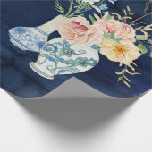 Chinoiserie Roos Peony Flowers Navy Blue Wood Cadeaupapier (Hoek)