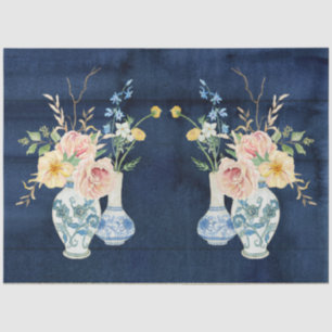 Chinoiserie Roos Peony Flowers Navy Blue Wood  Tissuepapier