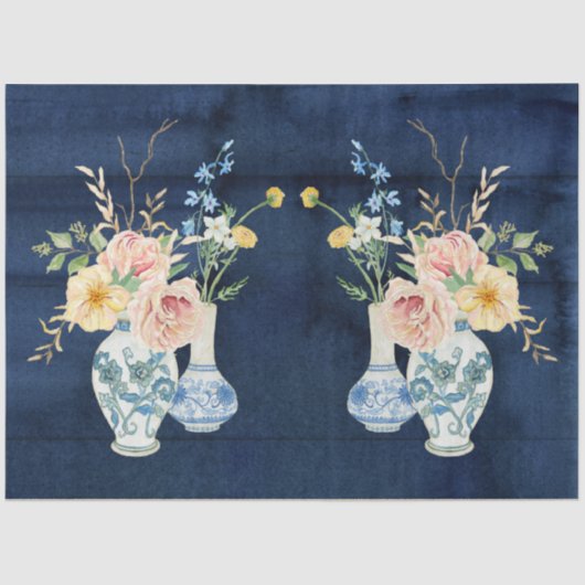 Chinoiserie Roos Peony Flowers Navy Blue Wood Tissuepapier (Voorkant)