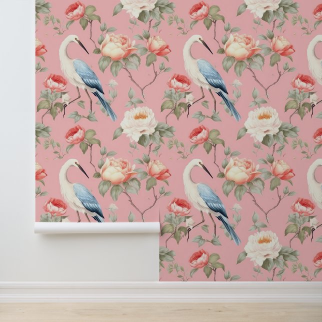 Chinoiserie Roze Bloemen & Groenten Patroon Behang (Applicatie)