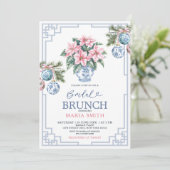 Chinoiserie Roze Bloemen Kerst Bruids Brunch Kaart (Staand voorkant)
